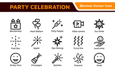 Celebration and Party Icons. Vector Icons for Birthdays, Holidays, Festivals, Fireworks, and Event Decorations