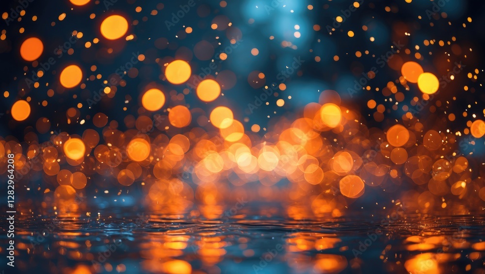 Poster abstract bokeh background with orange and blue light reflections on wet surface in a dark atmosphere