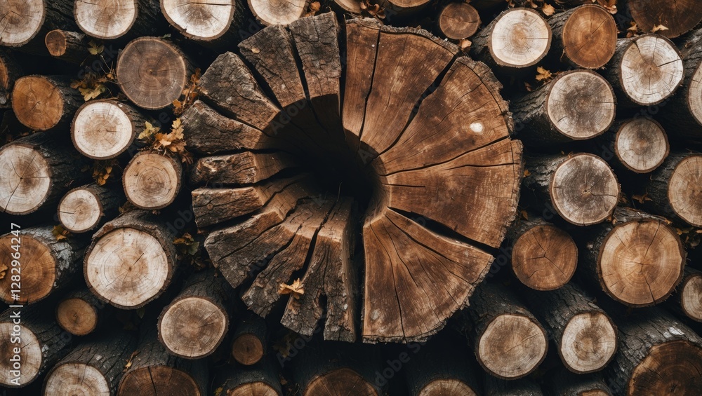 Aufkleber wooden logs stacked in circular arrangement showcasing the texture and patterns of tree rings and na
