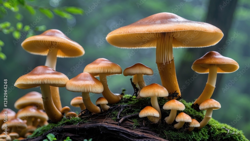 Poster mushroom cluster growing on a log in a misty forest with lush green background and varying sizes of 