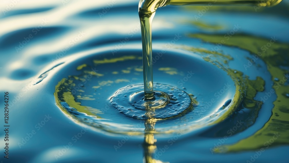 Poster water drop creating ripples on the surface with a glass pitcher pouring liquid in a serene environme