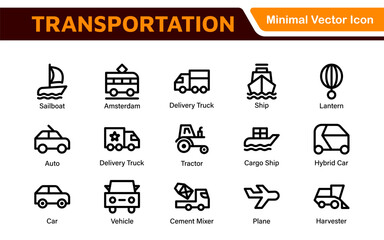 Transport icon set. Containing distribution, shipping, transportation, delivery, cargo, freight, route planning, supply chain, export and import icons. Solid icon collection.