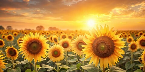 Obraz premium Softly glowing sunflower fields with yellow and cream hues fading into a gradient of light beige at dawn, dawn, nature