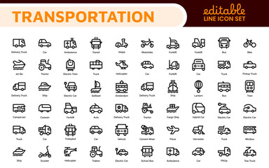Transport icon set. Containing distribution, shipping, transportation, delivery, cargo, freight, route planning, supply chain, export and import icons. Solid icon collection.