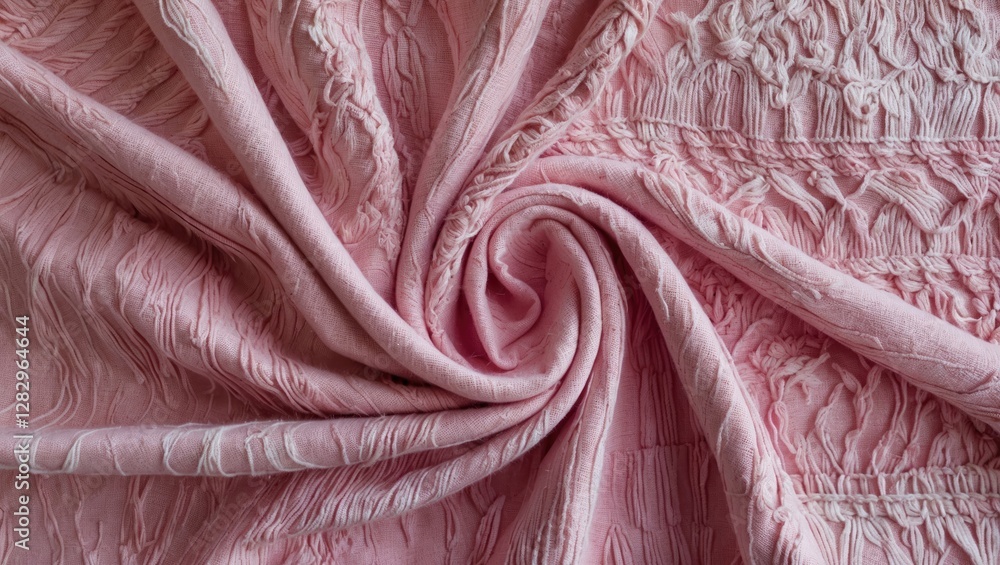 Poster textured pink fabric close-up with intricate patterns and folds showcasing textile craftsmanship and