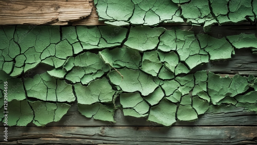 Poster textured background of peeling green paint on wooden surface with visible cracks and layers of weath