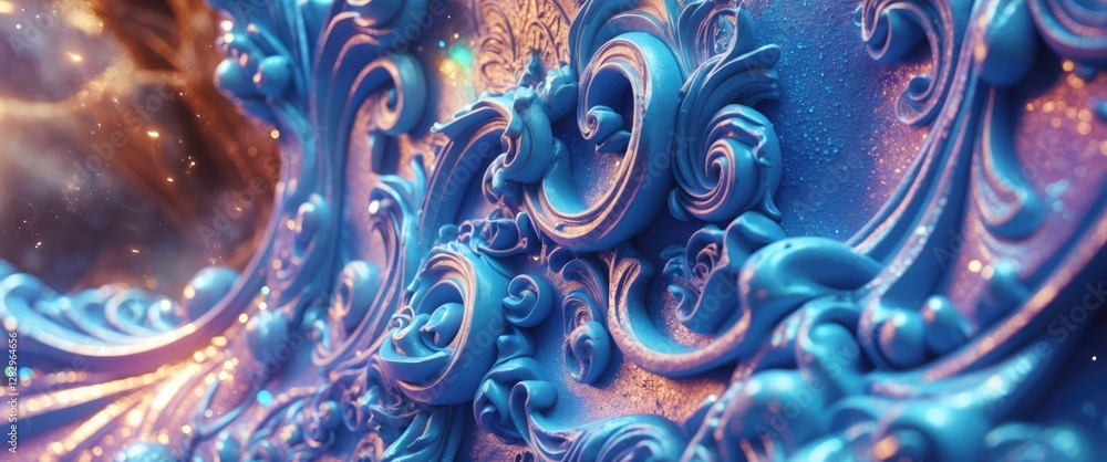 Poster blue ornate texture with intricate patterns and soft lighting highlighting details and glimmering ef