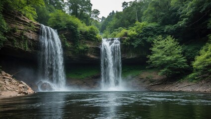Obraz premium Two cascading waterfalls surrounded by lush greenery and calm water in a serene natural setting.