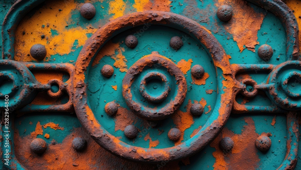 Poster close-up of weathered metal surface with vibrant turquoise and rust colors featuring circular and do