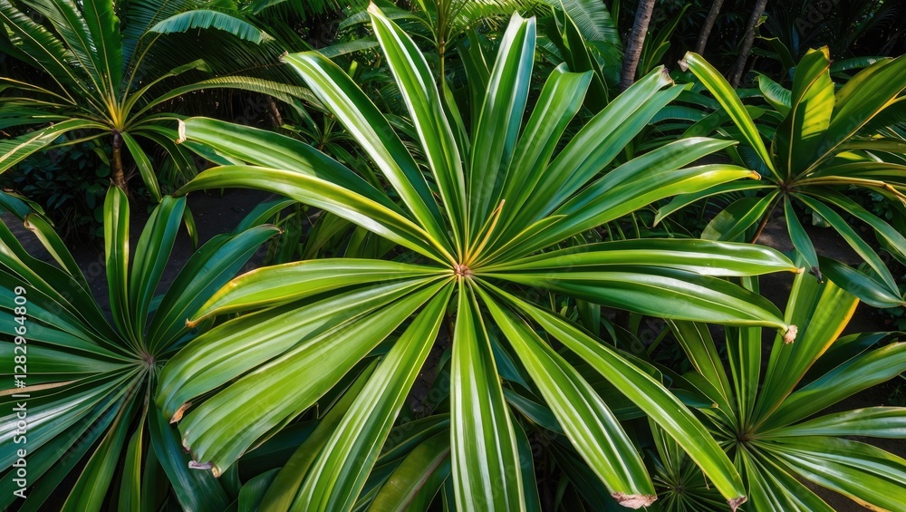 Poster close-up view of large green tropical leaves with variegated patterns in a lush garden setting durin