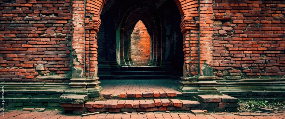 Poster ancient brick architecture with archways and weathered stone details in historical site context