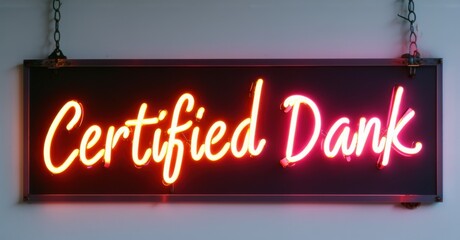 Certified Dank neon sign glowing in red and pink cursive letters, mounted on a dark hanging panel with metal chains. The illuminated text casts a warm glow on the surrounding wall