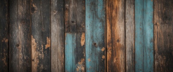 Naklejka premium Wooden plank wall with a mix of dark brown, weathered wood and blue-painted planks, showcasing texture and rustic appearance.