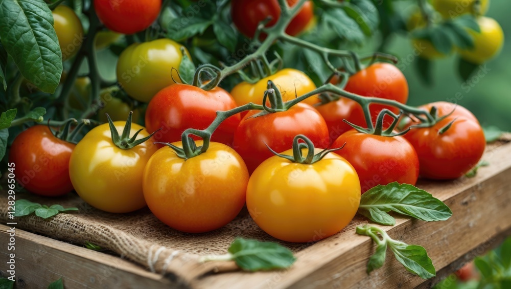 Poster assorted ripe tomatoes in various colors displayed on a wooden crate with green leaves and vines in 
