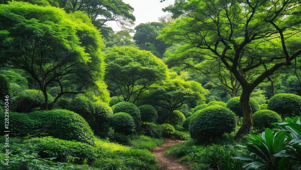 Aufkleber lush green forest with rounded shrub formations and a winding path surrounded by dense trees and fol