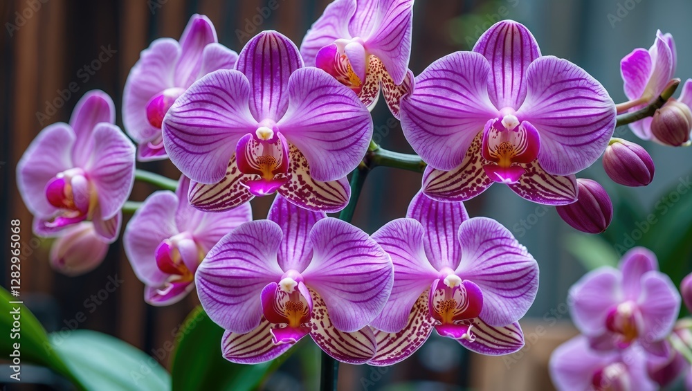 Poster group of vibrant pink orchids in full bloom with intricate patterns on petals, surrounded by green f
