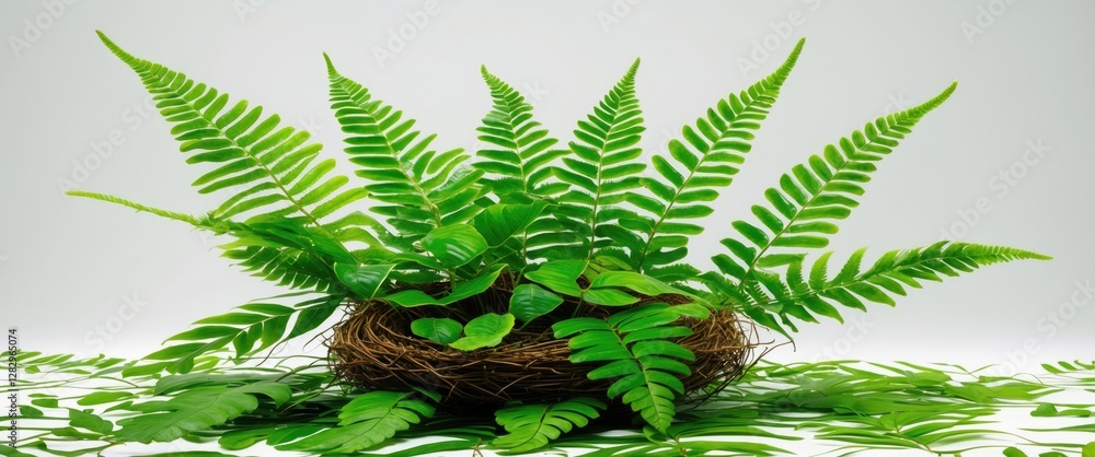 Poster green ferns arranged in a natural nest with scattered leaves on a light background botanical composi
