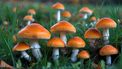 Fototapeta premium Group of vibrant orange mushrooms in a green grassy field after rain with water droplets on caps under natural light.