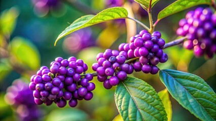 Tiny purple berries cluster on a leafy stem , nature photography