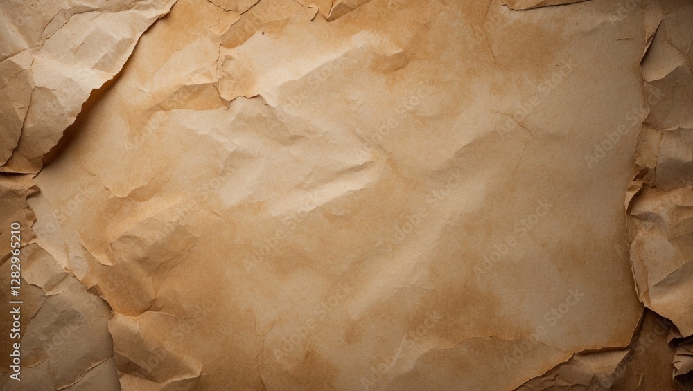 Poster crumpled aged paper texture background with shades of brown and creased surface for design and layou