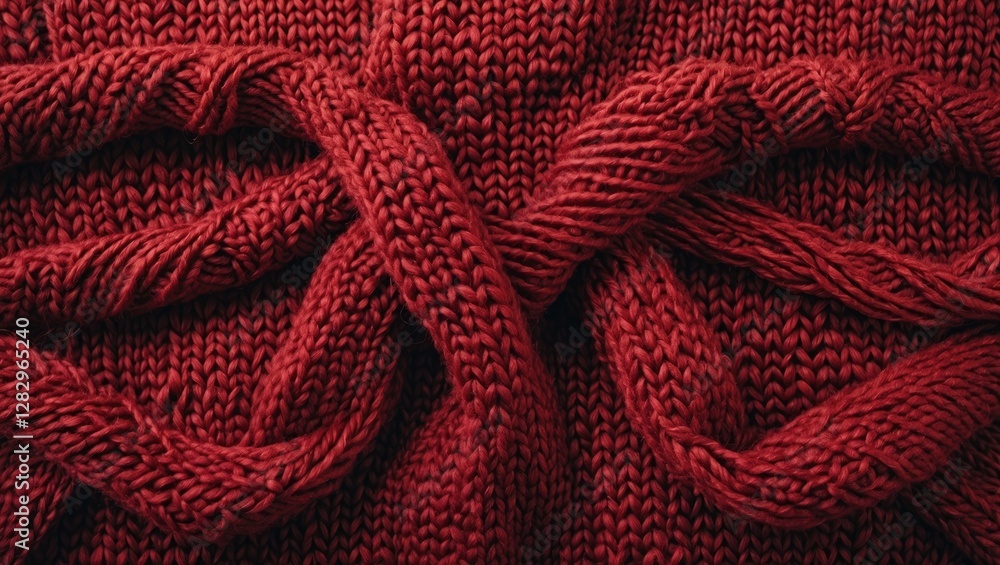 Poster red knitted wool fabric texture with braided patterns intertwining in close-up detail.