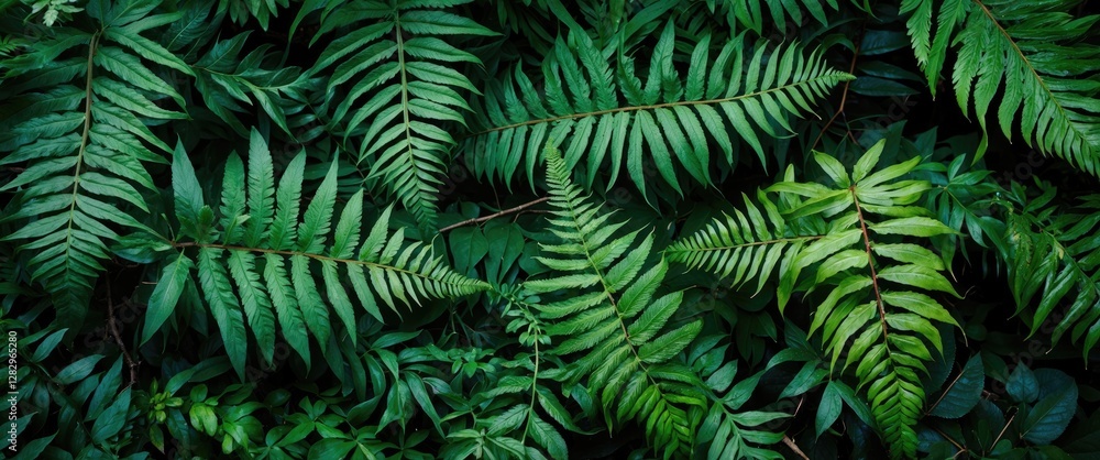 Poster dense green fern leaves in various shades arranged on a dark background creating a natural textured 