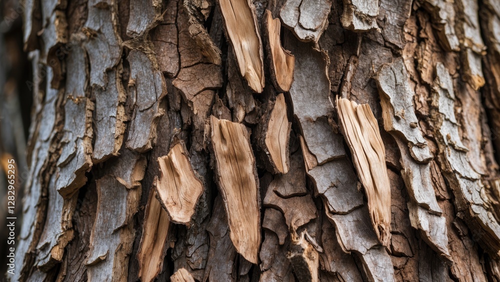 Aufkleber close-up texture of rough tree bark with peeling layers and natural patterns in earthy tones