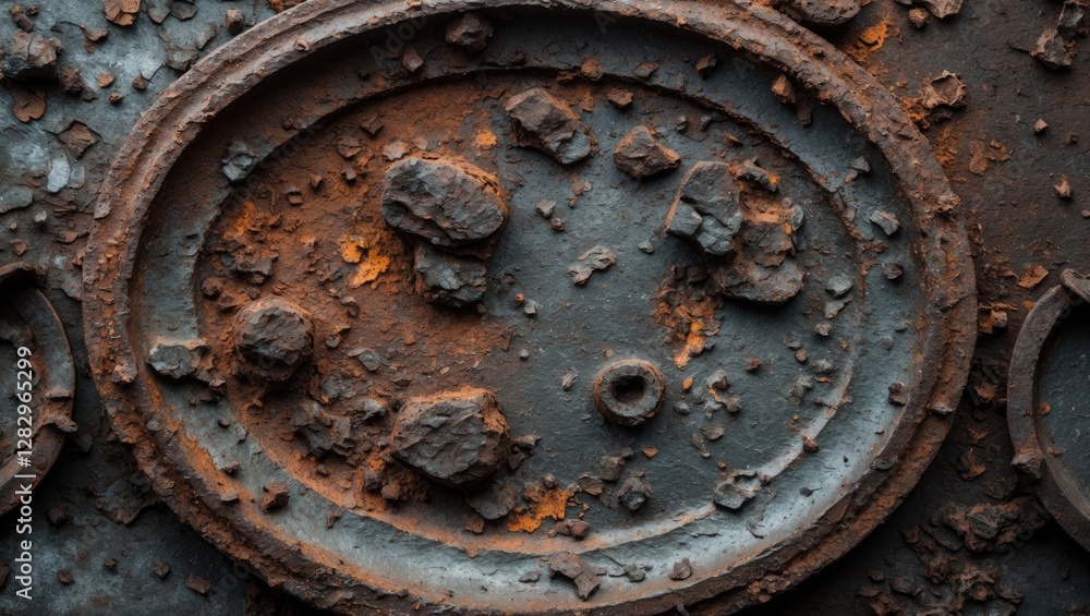 Poster rusty metal surface with oxidized texture and peeling paint displaying circular patterns and rough, 