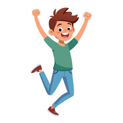 Fototapeta premium Happy boy jumping up in air. Excited joyful teenager celebrating, flying in air in dynamic energetic emotional pose with fists, arms gesture. Flat vector illustration isolated on white background