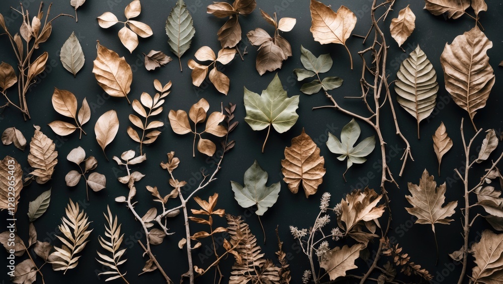 Poster dried leaves and twigs of various shapes and sizes arranged on a dark surface for natural design and