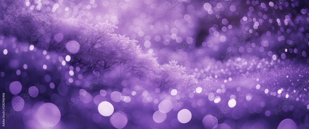 Poster purple abstract background with soft bokeh lights and blurred tree silhouettes creating a dreamy atm