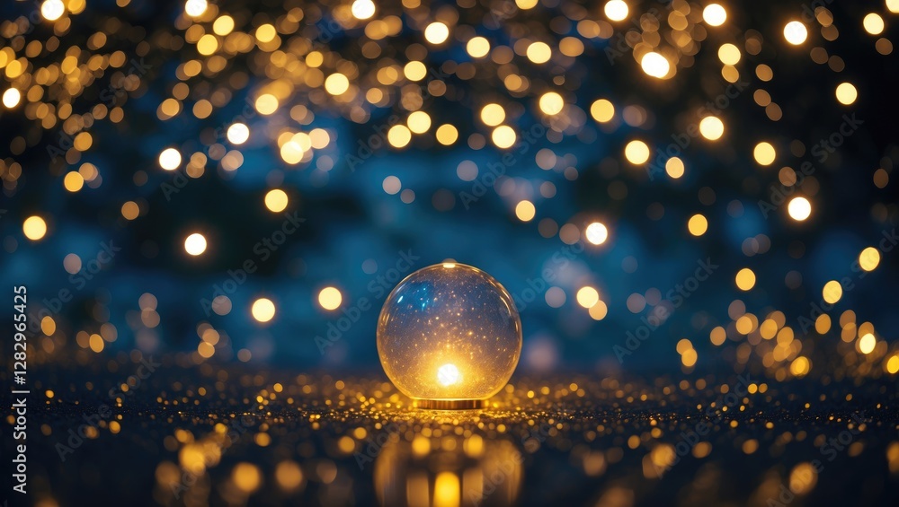 Poster glass orb with glowing light on reflective surface surrounded by soft bokeh lights on a dark blurred