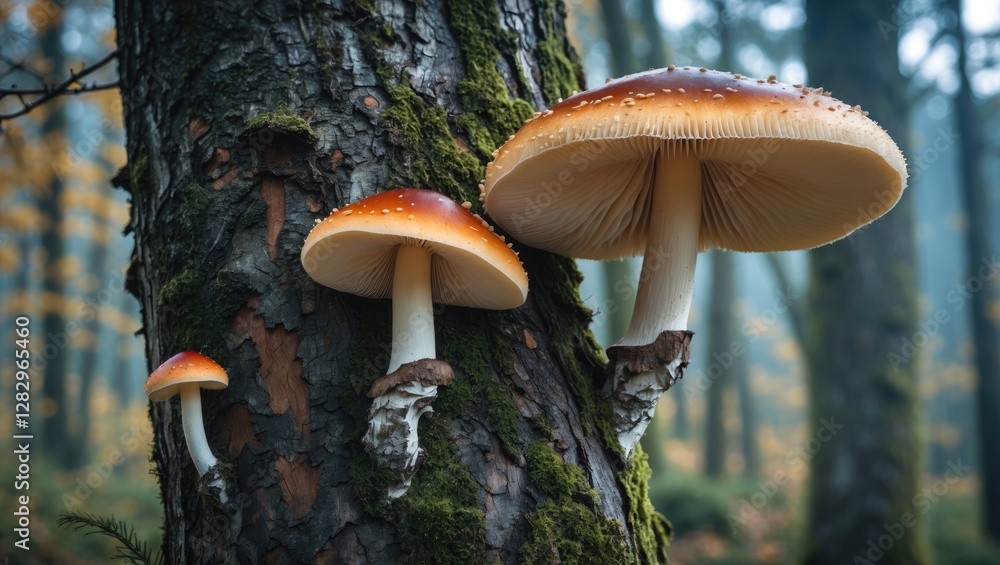 Poster mushrooms growing on a textured tree trunk in a misty forest environment with autumn foliage in the 