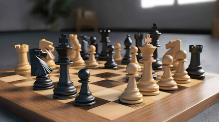 Chessboard Displaying Chess Pieces Arranged For A Strategic Game With Wooden Table Top And Light Shadow
