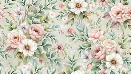 Delicate floral pattern with intricate blooms and leaves intertwined in a seamless design, featuring soft colors and gentle textures , botanical, blossom