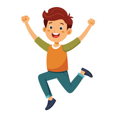 Happy boy jumping up in air. Excited joyful teenager celebrating, flying in air in dynamic energetic emotional pose with fists, arms gesture. Flat vector illustration isolated on white background