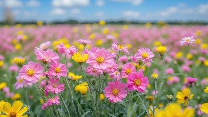Fototapeta premium Field of colorful wildflowers with pink and yellow blossoms under a blue sky with fluffy white clouds on a sunny day