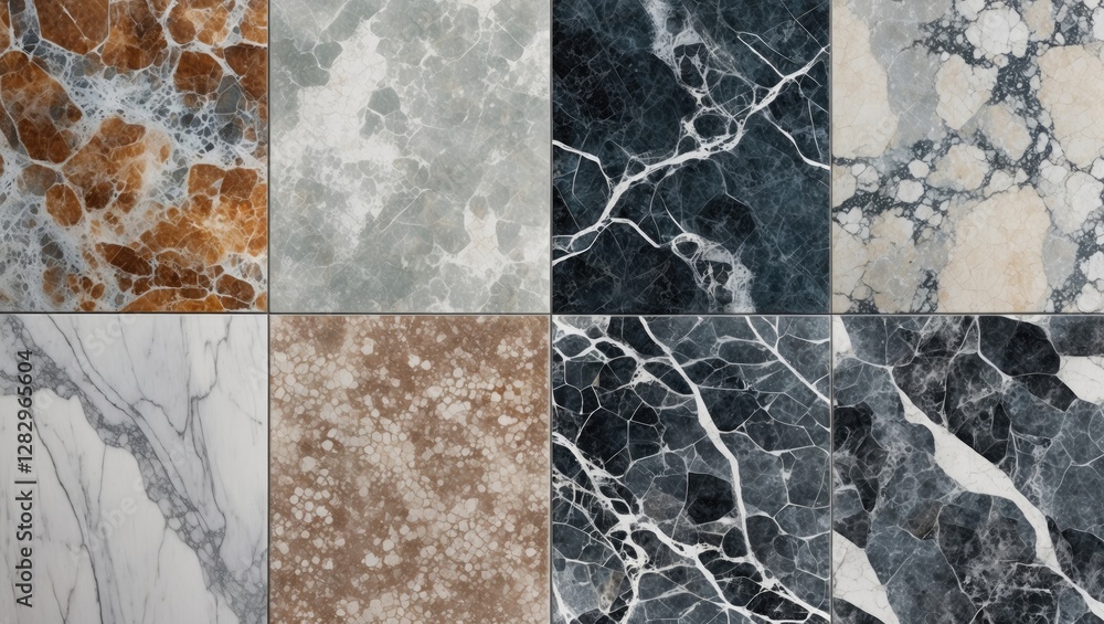 Poster various marble textures and patterns arranged in an 8 tile grid showcasing different color schemes a