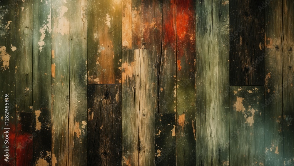 Poster textured wooden wall with varying colors and weathered paint patterns in a rustic style