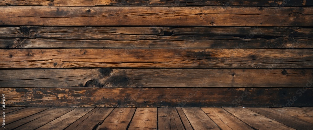 Poster wooden wall and floor texture with dark brown hues and visible grain pattern in a rustic style backg
