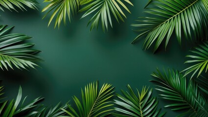 Obraz premium Tropical palm leaves on dark green background creating natural framed composition for design and decoration purposes