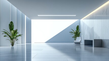Modern, minimalist lobby interior with light, plants, and a chair