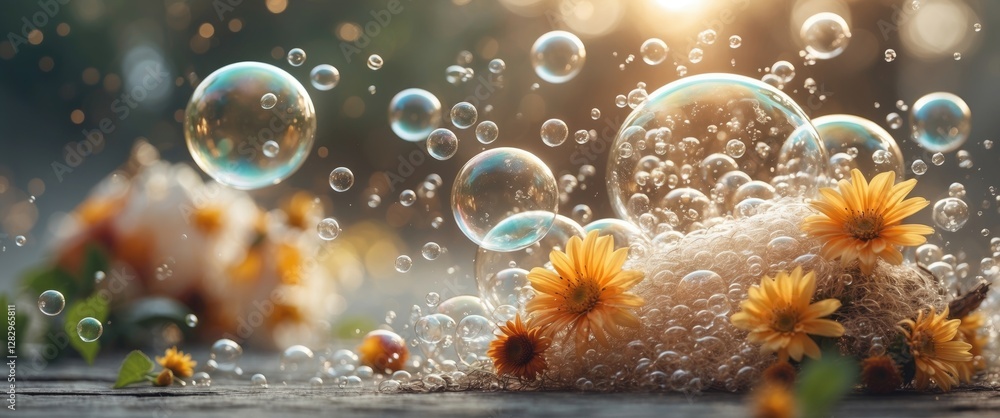 Poster bubbles and yellow flowers on a surface with soft focus background and warm sunlight creating a whim