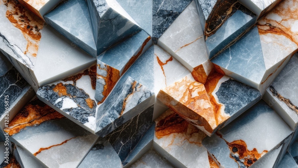 Poster textured abstract background of modern marble stone with geometric triangular shapes in shades of bl