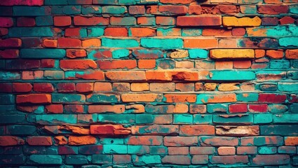 Fototapeta premium Colorful weathered brick wall with orange, turquoise and red hues, abstract textured background for design or artistic projects