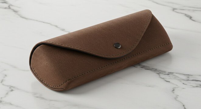 A sleek brown leather eyeglass case with a button closure, resting on a marble surface. Its durable, stylish design provides secure protection for glasses and sunglasses.