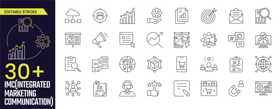 Integrated Marketing Communication Stroke icon collections. Containing communication, set, imc, link, content, hashtag, support, and more icons. Editable Stroke icon collection Outline icon