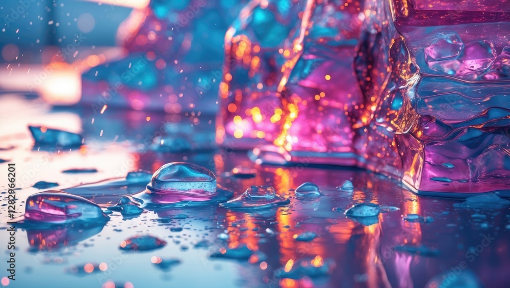 Poster colorful translucent ice cubes with reflections and droplets on a surface in a soft focus background