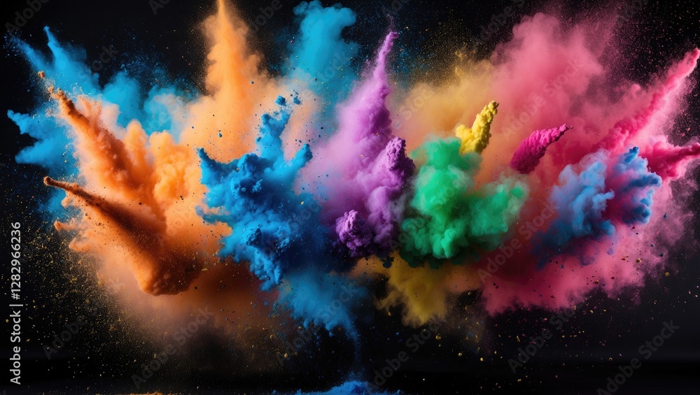 Poster colored powder explosion on black background creating vibrant abstract cloud of color in motion with