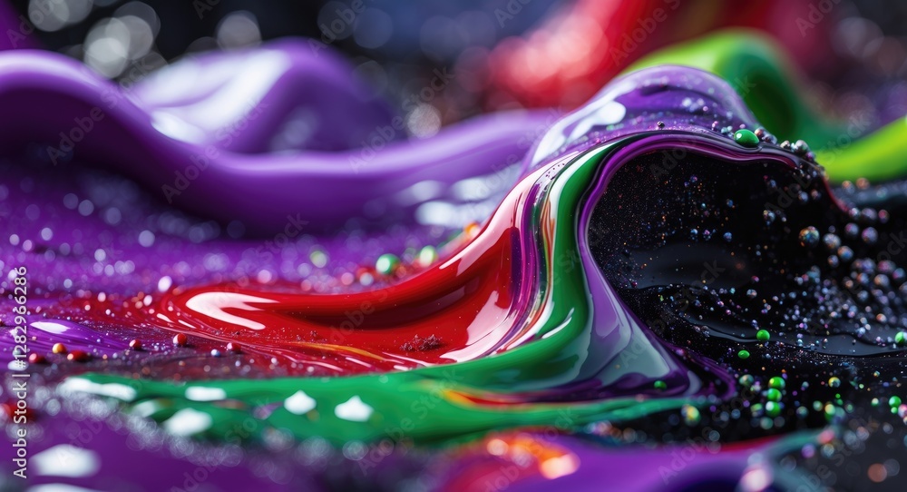 Poster abstract close-up of vibrant flowing paint in rich colors with glittering beads on a dark surface cr